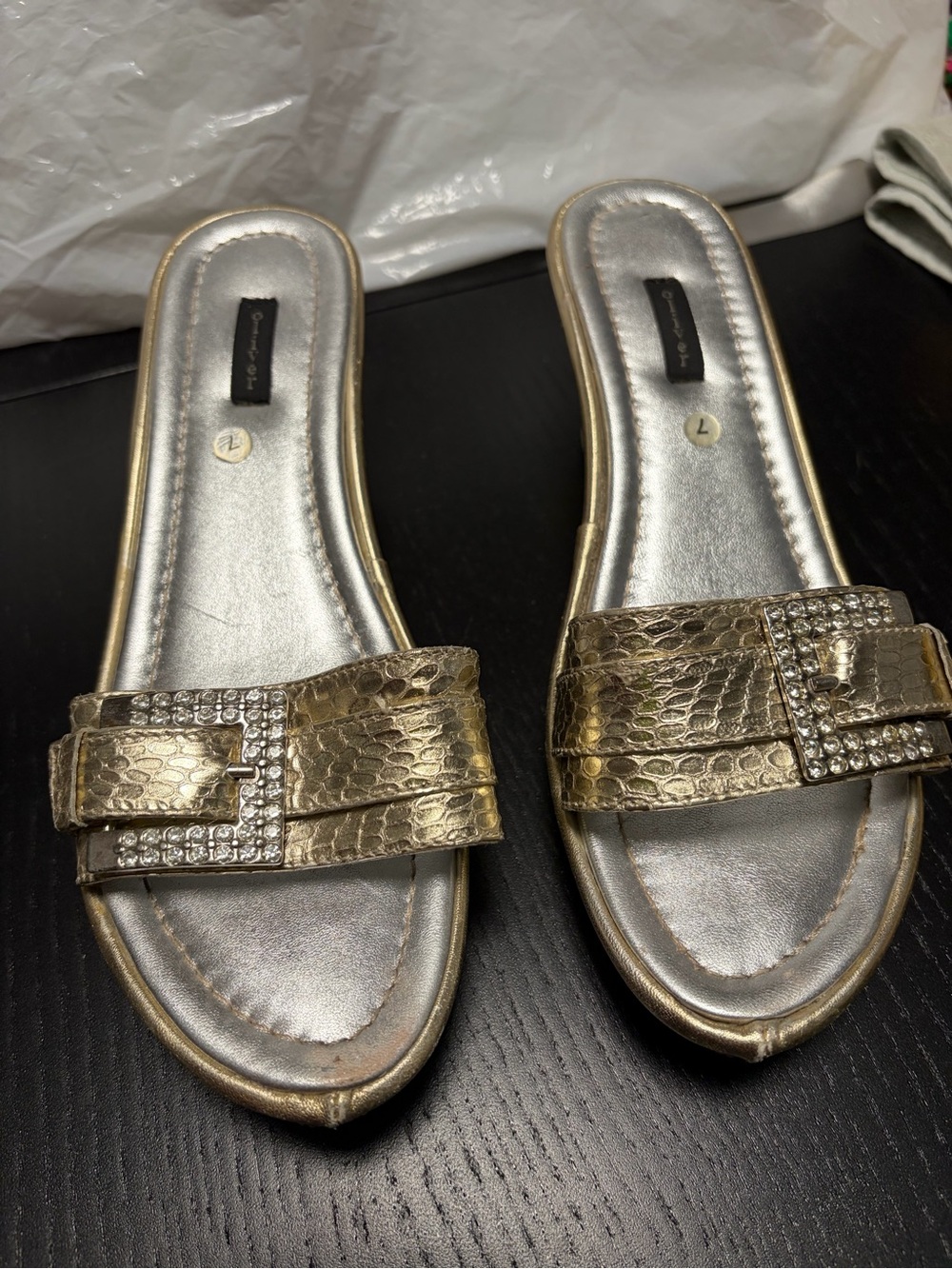 Oliver Gold Metallic Slide Mules with Rhinestone Buckle